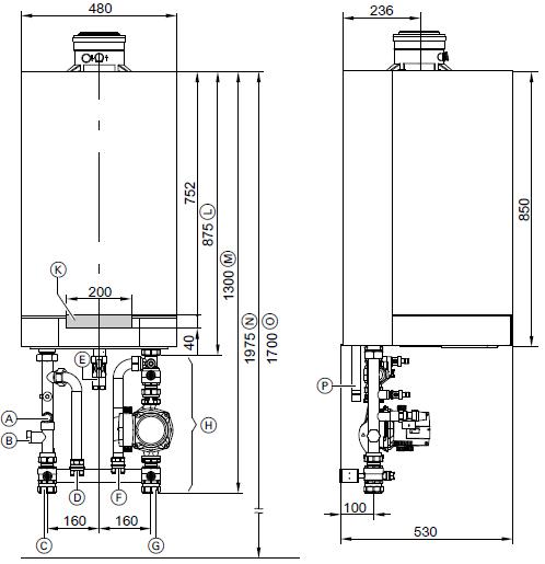 Viessmann Vitodens 200 W WB2C típus befoglaló méretei
